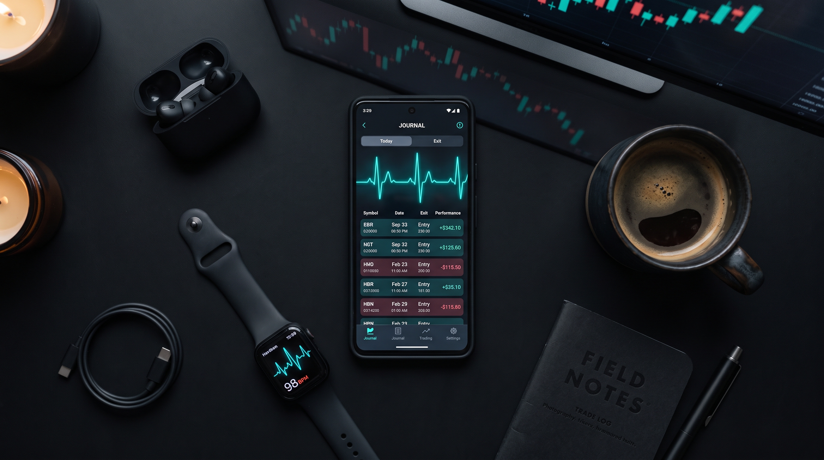Pulsem8 app on phone with Apple Watch, earbuds, and trading setup