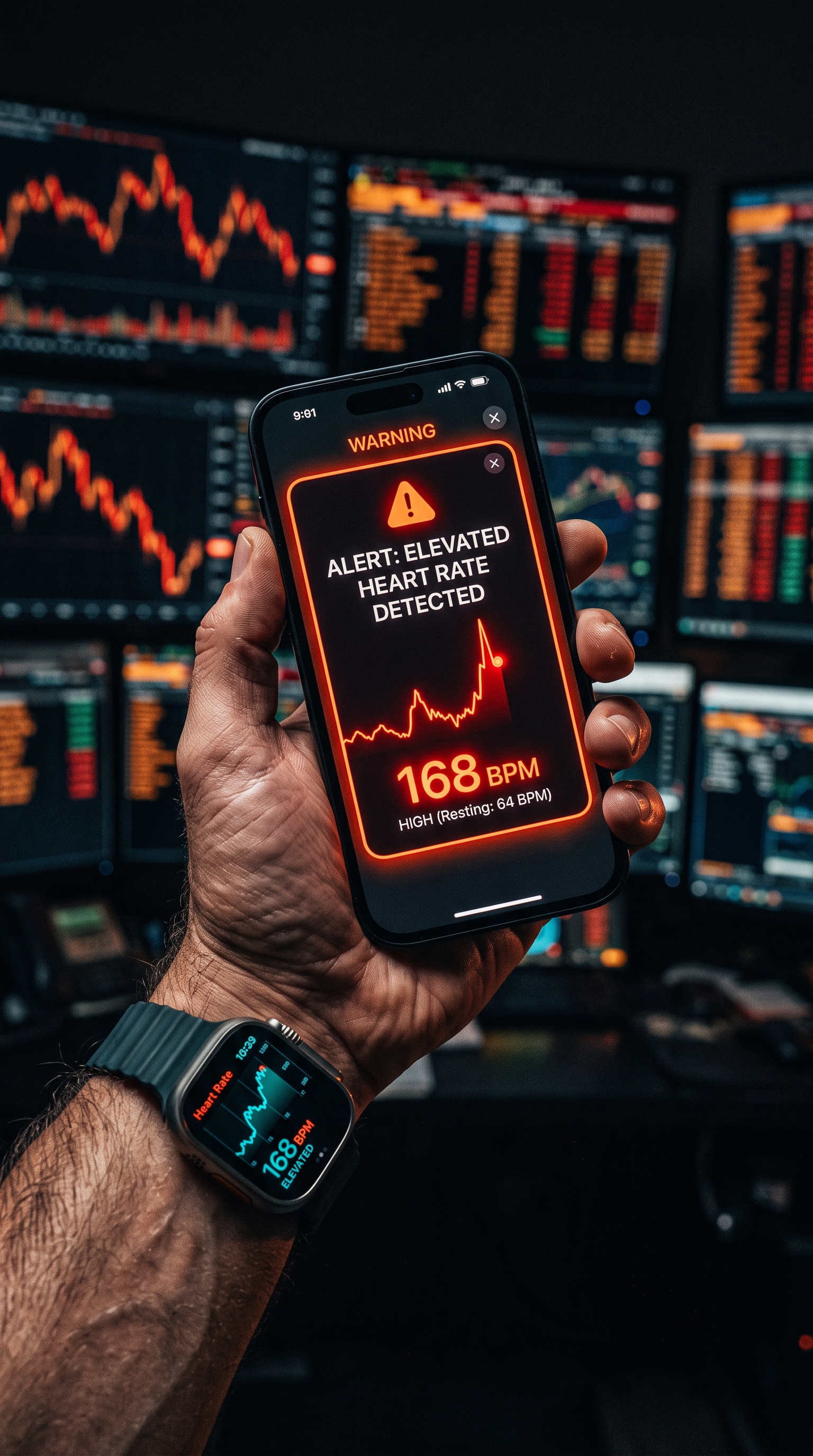 Pulsem8 detecting elevated heart rate at 168 BPM during a trading session