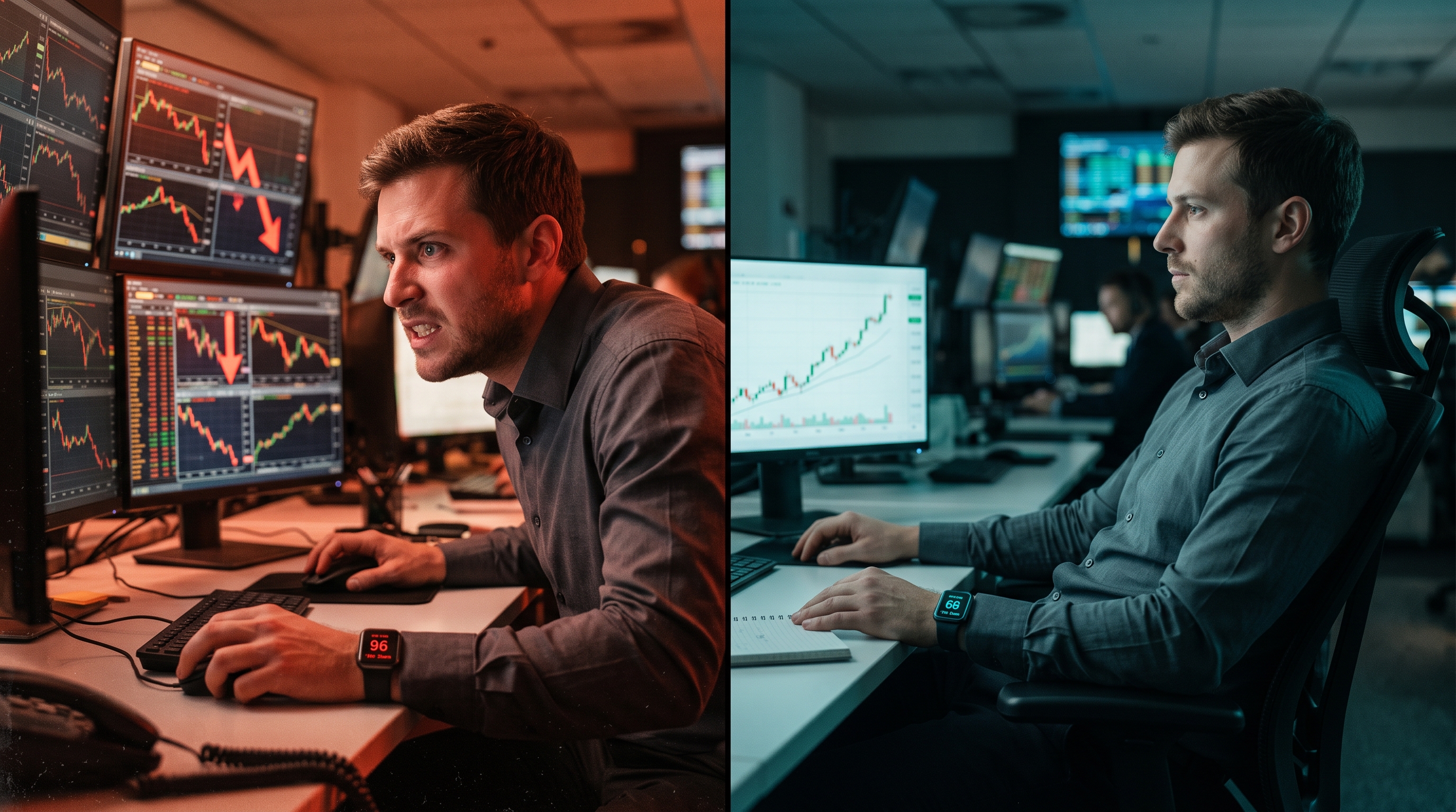 Left: trader tilting at 96 BPM, stressed and reactive. Right: same trader calm at 68 BPM, composed and in control.